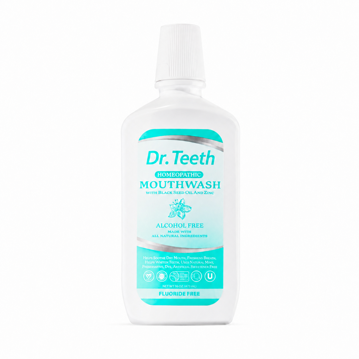 Dr. Teeth Homeopathic Mouthwash – Alcohol Free Fluoride Free Mouth Rinse with Black Seed Oil & Zinc – Freshens Breath, Supports Healthy Teeth & Gums – 16 fl oz